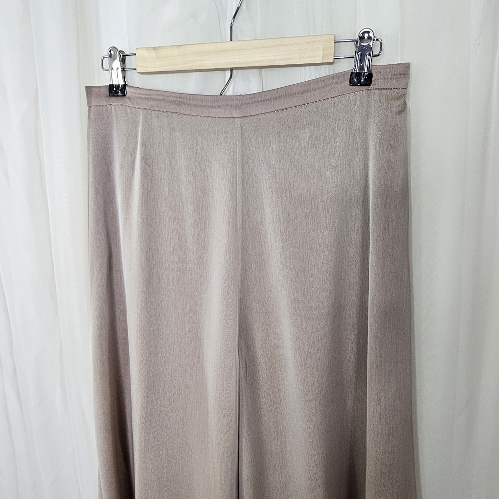 St. John Evening Wide-Leg Silk Satin Chiffon Layered Side Slit Trousers Taupe 8 - Picture 3 of 12